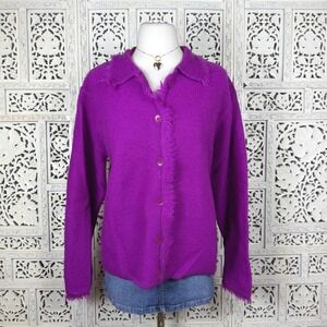Vtg Karen Scott‎ 100% Wool Purple Twee Preppy Fringe Button Up Cardigan Sz M